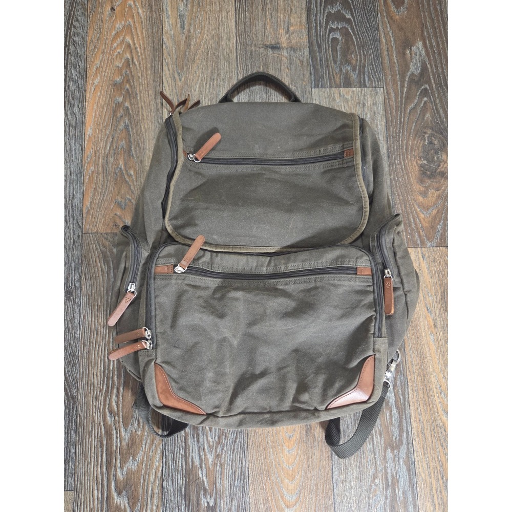 DOPP Olive Green Canvas Backpack Leather Trim Laptop Sleeve Multi-Pocket Travel
